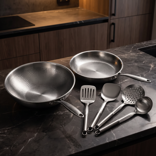Handgehämmerter Titan-Wok & Bratpfanne (10 Zoll) mit Utensilien