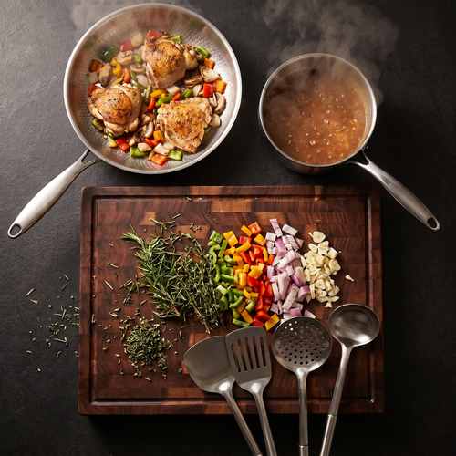 Handgehämmertes Titan-Pfannen- & Sauté-Set mit Walnussbrett und Utensilien