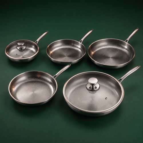 Handgehämmertes Titan-Bratpfannen-Bundle mit 2 Deckeln (5 Größen, 8–12 Zoll)