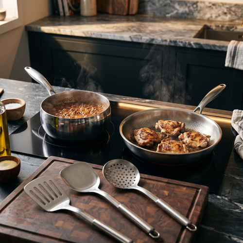 Handgehämmertes Titan-Pfannen- & Sauté-Set mit Walnussbrett und Utensilien