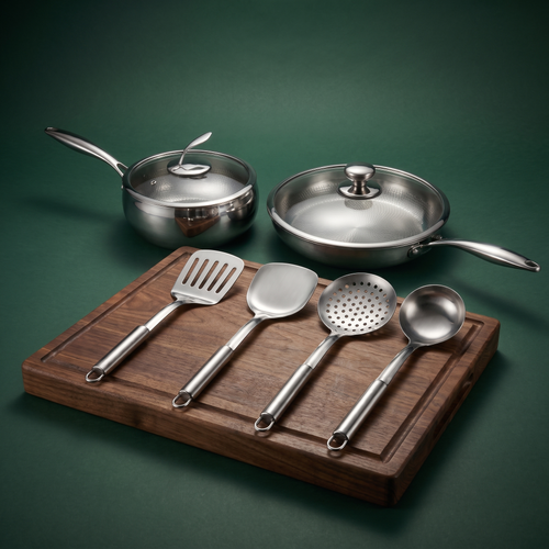 Handgehämmertes Titan-Pfannen- & Sauté-Set mit Walnussbrett und Utensilien