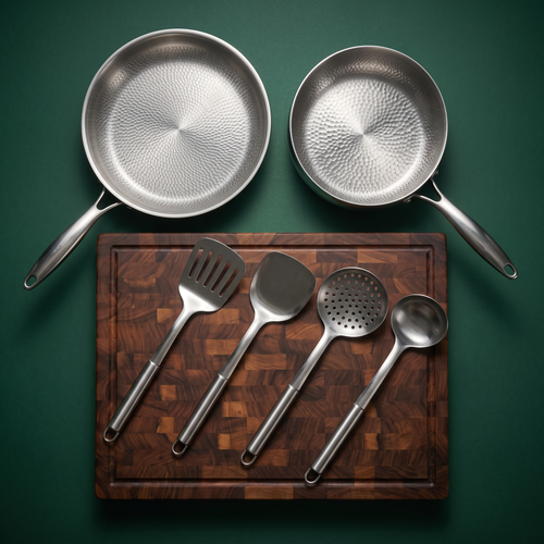 Handgehämmertes Titan-Pfannen- & Sauté-Set mit Walnussbrett und Utensilien