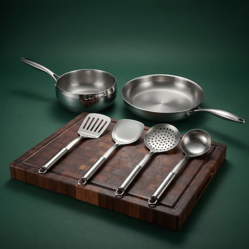Handgehämmertes Titan-Pfannen- & Sauté-Set mit Walnussbrett und Utensilien