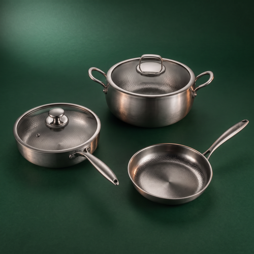 Handgehämmertes Premium-Titan-Kochset mit 2 Deckeln (8, 9 & 10 Zoll)