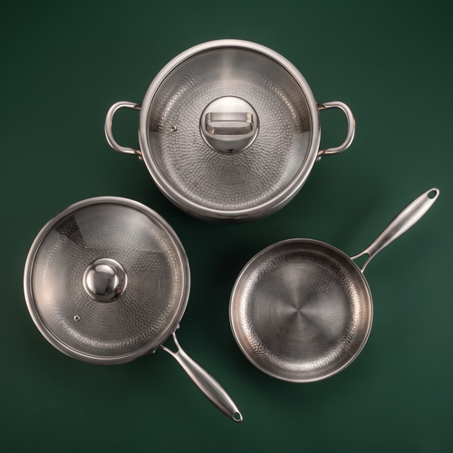 Handgehämmertes Premium-Titan-Kochset mit 2 Deckeln (8, 9 & 10 Zoll)