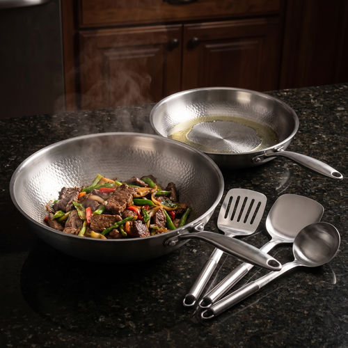 Handgehämmerter Titan-Wok & Bratpfanne (10 Zoll) mit Utensilien