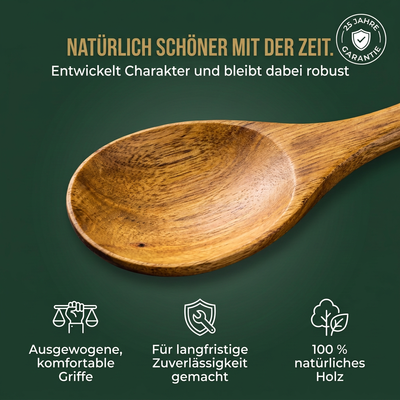 Holzlöffel mit deutschen Informationen zu Griffkomfort und Langlebigkeit