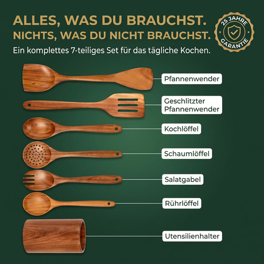 Sieben Holzutensilien mit deutschen Bezeichnungen