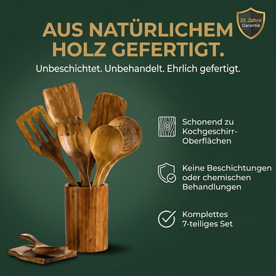 Holzutensilien mit deutschen Informationen zu natürlichem Holz