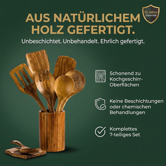 Holzutensilien mit deutschen Informationen zu natürlichem Holz