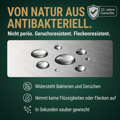 Titan-Schneidebrett mit deutschen Angaben zu Oberfläche und Reinigung