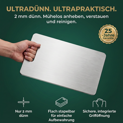 Dünnes Edelstahl-Schneidebrett mit deutschen Angaben zu Design und Aufbewahrung