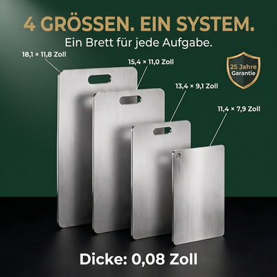Vier Edelstahl-Schneidebretter mit deutschen Größenangaben